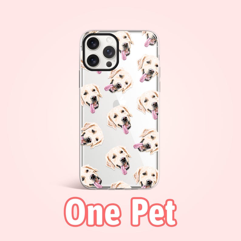 May include: Clear phone case with a repeating pattern of a dog's face. The dog is a yellow Labrador Retriever with its tongue sticking out. The text "One Pet" is printed below the phone case.