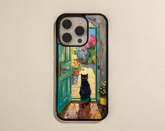 Cat iPhone Case, Floral and Cat Phone Case, Whimsical Animal Print, Unique Cat Phone Accessory, Artistic Cat Lover Gift for Her, PF97