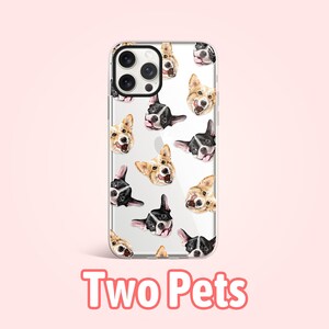 May include: A clear phone case with a white background and a repeating pattern of two different dog breeds. The dogs are a corgi and a french bulldog. The case has a cutout for the camera lens and the text "Two Pets" is printed below the image.