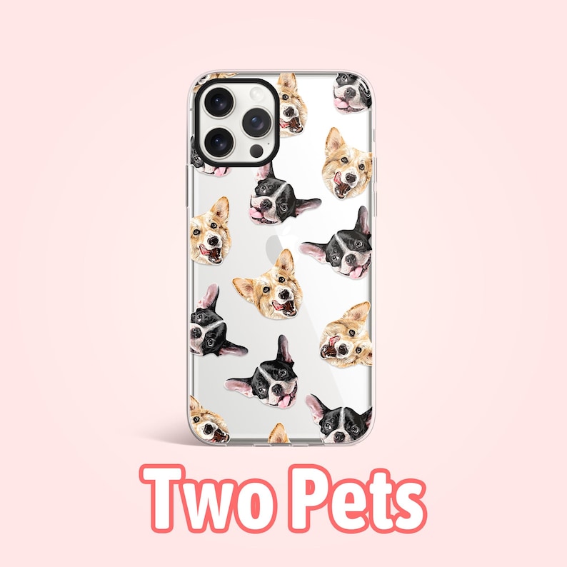 May include: A clear phone case with a white background and a repeating pattern of two different dog breeds. The dogs are a corgi and a french bulldog. The case has a cutout for the camera lens and the text "Two Pets" is printed below the image.