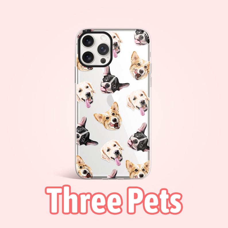 May include: A clear phone case with a repeating pattern of three different dog breeds. The case has a white background and features a black and white dog, a golden retriever, and a corgi. The text "Three Pets" is printed below the image.