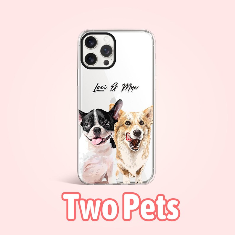 May include: A clear phone case with a white background and two dogs printed on it. The dogs are a black and white French Bulldog and a brown and white Corgi. The text "Lexi & Mya" is printed on the case.