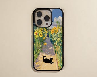 Cat iPhone Case, Sunflower Garden Cat Phone Case, Whimsical Black Cat Phone Cover, Artistic Cat Lover Gift for Her, PF98