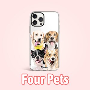 May include: A clear phone case with a design of four dogs. The dogs are a golden retriever, a beagle, a french bulldog, and a corgi. The case has the word "Names" printed on the bottom.