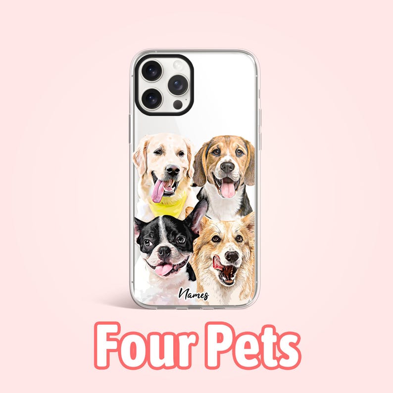 May include: A clear phone case with a design of four dogs. The dogs are a golden retriever, a beagle, a french bulldog, and a corgi. The case has the word "Names" printed on the bottom.