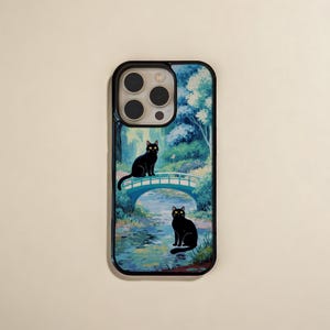黒猫モネ橋iPhoneケース、気まぐれなアート猫携帯カバー、ウォーターガーデン印象派絵画、かわいい猫好きへのギフト、PF23