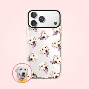 May include: A clear smartphone case featuring a repeating pattern of golden retriever faces with pink tongues sticking out. A circular inset at the bottom left shows a golden retriever wearing a yellow bandana, matching the dog faces on the case.
