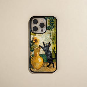 May include: A black phone case featuring a painting of a black cat reaching for a sunflower in a yellow vase. The painting is in the style of Vincent van Gogh.