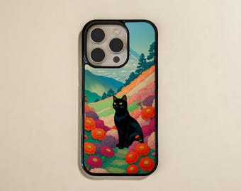 Black Cat in Mountain Flower Field Phone Case, Scenic Floral Art iPhone Cover, Whimsical Cat Lover Gift, PF17