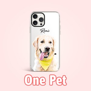 May include: A clear phone case with a picture of a golden retriever dog with a yellow bandana. The dog's name, "Remi", is written on the case.