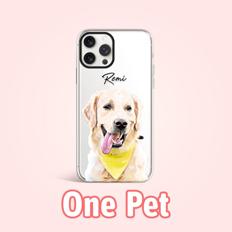 May include: A clear phone case with a picture of a golden retriever dog with a yellow bandana. The dog's name, "Remi", is written on the case.