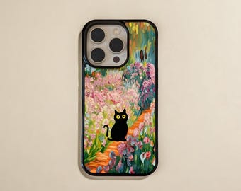 Black Cat in Blooming Garden Path Phone Case, Artistic Floral Cat iPhone Cover, Cute Cat Lover Gift, Garden Art Animal Accessory, PF19