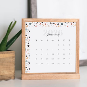 Cartões de mini calendário 2026 4x4 3x3 2 x 2 polegadas para impressão Mini calendário com padrão terrazzo, início de domingo, início de segunda-feira, cartões de planejador, arquivos JPEG PDF