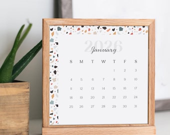 Tarjetas de mini calendario 2026 de 4 x 4, 3 x 3, 2 x 2 pulgadas, imprimibles, con patrón de terrazo, inicio de domingo, inicio de lunes, tarjetas de planificación, archivos JPEG y PDF