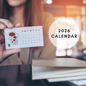 2026 Printable Mini Calendar Mushroom Pattern Business Card Size Tiny Calendar Cards Printable Calendar PDF Sunday Monday Start