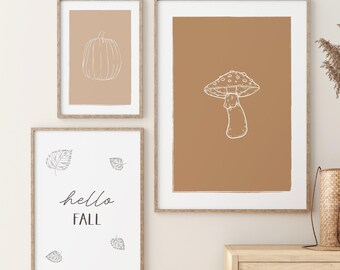 Hola Otoño, Set de 3 Arte Mural Otoñal, Arte Lineal Minimalista de Setas y Calabazas, Decoración Otoñal Neutral, Decoración del Hogar de Temporada, Póster con Frase de Otoño