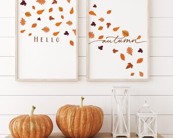 Hola Otoño, Impresión de Hojas Cayendo, Juego de 2 Arte de Pared de Otoño, Impresión de Otoño, Decoración Rústica de Otoño en Naranja Cálido, Decoración de Otoño para el Hogar