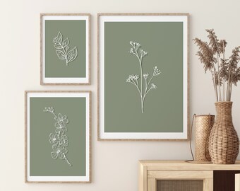 Conjunto de arte mural con flores botánicas, decoración floral verde, láminas de arte de verano, 3 piezas de láminas, dibujo lineal, arte verde salvia, láminas de arte lineal