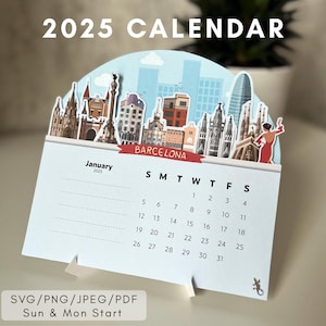 Calendário para impressão 2025 SVG Cut File Printable Gift Mini Traveling Card Domingo Segunda-feira Calendário de início 2025 Barcelona Digital Download instantâneo