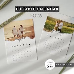 2026 Canva Kalender Bearbeitbarer Fotokalender Vorlage 2026 5 x 7 Zoll Tischkalender Benutzerdefiniertes Design Sonntag Montag Start Geschenk Sofort Download