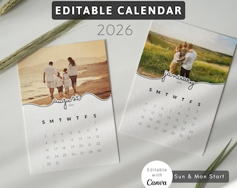 2026 Canva Calendar Editable Photo Calendar Template 2026 5x7 inch Desk Calendar Custom Design Sunday Monday Start Gift Instant Download