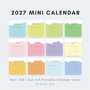 2027 Mini Calendar Cards 4x4 3x3 2x2 Inch Printable Mini Calendar Pastel Colors Sunday Monday Start Journaling Planner Cards Jpeg PDF files