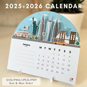 Kalender 2026 2025 SVG afdrukbare kalender reiskaart png NewYork City kalender voor snijmachine zondag ma start kalender gesneden bestand pdf
