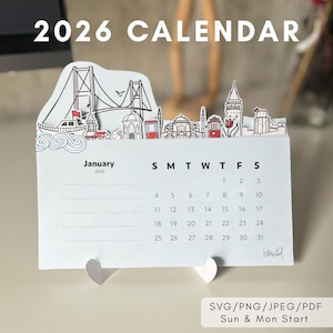 Calendário 2026 para impressão SVG Calendário Cartão PNG Calendário de mesa da cidade de Istambul Máquina de corte Cricut Calendário de início de domingo e segunda-feira Arquivo de corte PDF