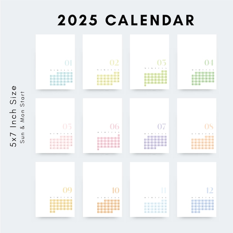 2025 Printable 5x7 Mini Calendar PDF, Mon Sun Monthly Start, Pastel ...