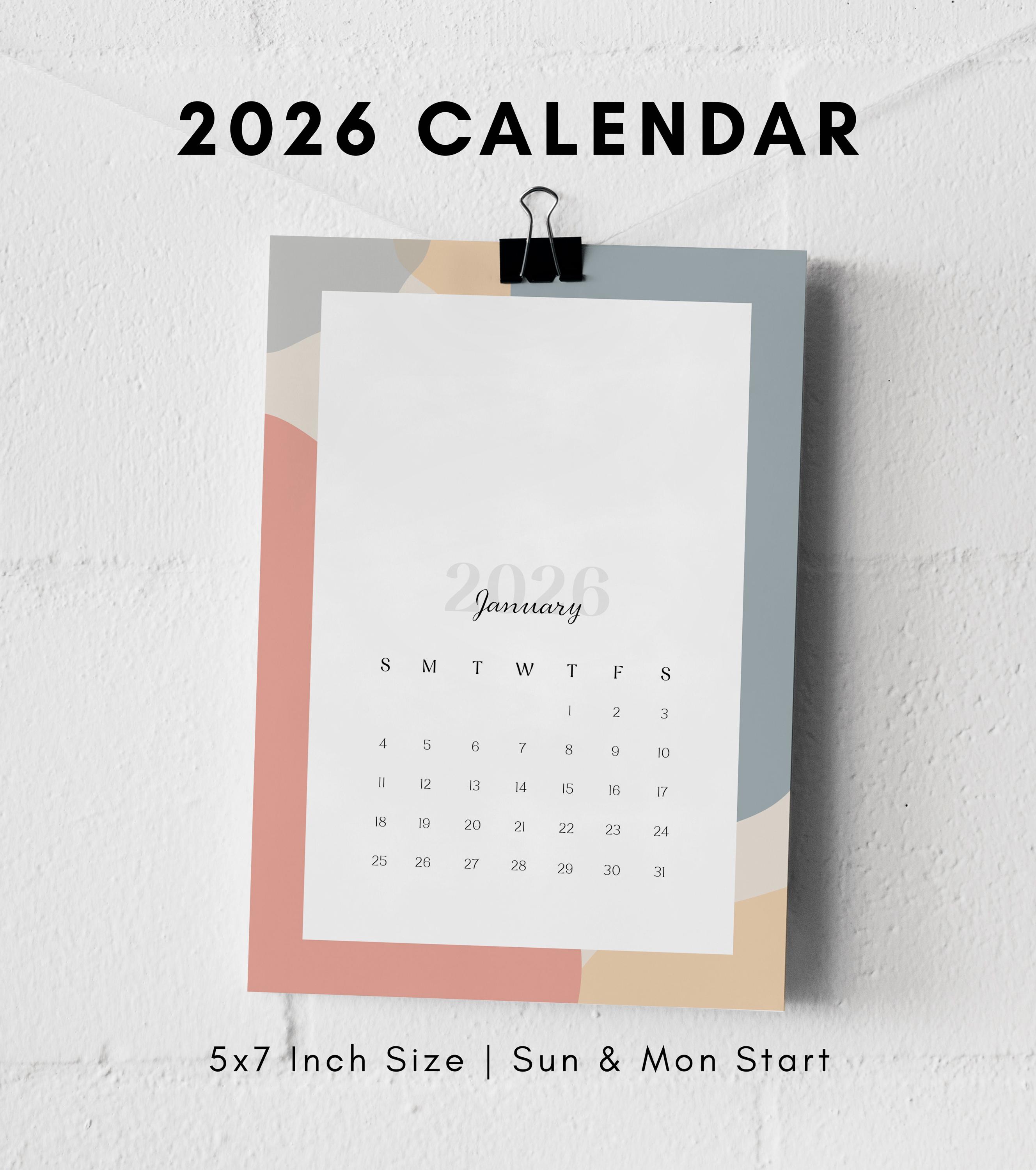 2026 5x7 Inch Mini Calendar Printable Calendar Cards Monday Sunday