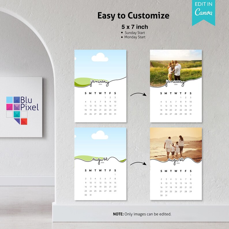 2026 Canva Calendar Editable Photo Calendar Template 2026 5x7 Inch Desk ...