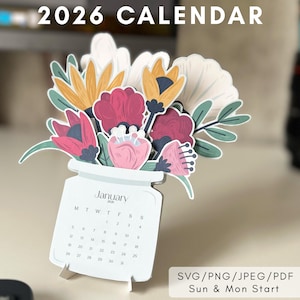 2026 Flower Desk Calendar PNG Floral Desktop Calendar Gift SVG for Cutting Machine Sunday Monday Start Cut File Calendar PDF Print at Home