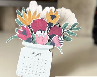Calendario de escritorio de flores 2026 PNG Calendario de escritorio floral Regalo SVG para máquina de corte Domingo Lunes Inicio Archivo de corte Calendario PDF Imprimir en casa