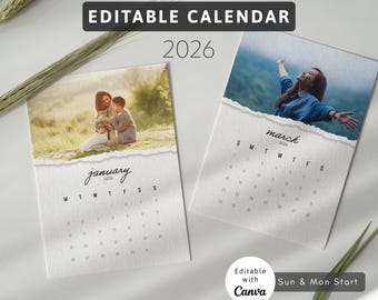 Calendario Canva 2026, plantilla de calendario fotográfico editable, calendario de escritorio de 5 x 7 pulgadas, diseño personalizado, domingo, lunes, inicio, regalo, descarga instantánea.