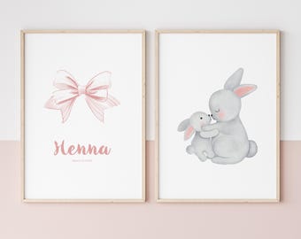 Letrero con nombre personalizado, lazo para pared de guardería, bonito conejito, letrero imprimible personalizado, idea de regalo para baby shower de niña recién nacida, decoración de dormitorio infantil