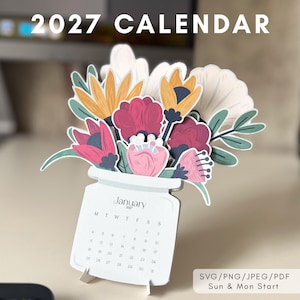 2027 Blumen-Tischkalender (PNG, SVG) für Schneidemaschinen (Sonntag, Montag, Starttermine) – PDF-Datei zum Ausdrucken