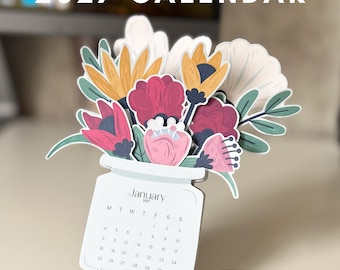 2027 Flower Desk Calendar PNG Floral Desktop Calendar Gift SVG for Cutting Machine Sunday Monday Start Cut File Calendar PDF Print at Home