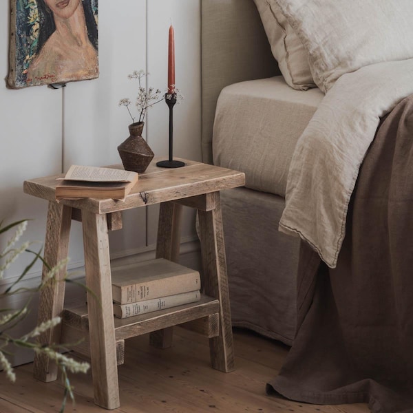 Reclaimed Wood Bedside Table with Shelf - Rustic Splay Side Table