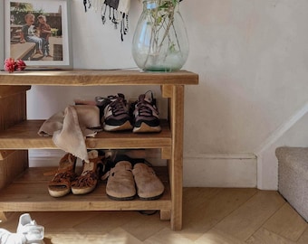 Rustic Reclaimed Wood Shoe Rack and Bench With Storage Shelves