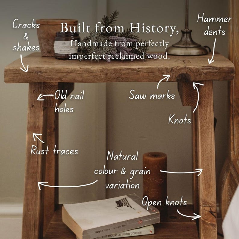 Reclaimed Wood Bedside Table with Shelf - Rustic Splay Side Table Bild 11