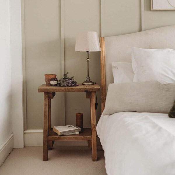 Reclaimed Wood Bedside Table with Shelf: Rustic Splay Side Table