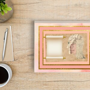May include: A pink and gold watercolor background with a scroll and a vintage illustration of a human head. The scroll is blank and has gold accents. The illustration is in black and white and has a detailed design.