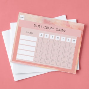 May include: A pink and peach watercolor daily chore chart with a grid for listing chores and days of the week. The chart has spaces for seven days of the week: Monday, Tuesday, Wednesday, Thursday, Friday, Saturday, and Sunday.