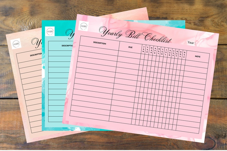 Aqua Yearly Bill Checklist Planner Page - Etsy