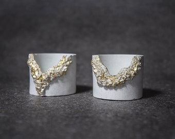 Raw Edge Concrete Candle Holder, Set of Two, White and Gold Tea Light Candle Jar, Wedding Table Decor, Elegant Votive Wedding Favors