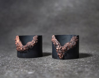 Live Edge Votive Candle Holder,  Set of Two, Charcoal Black and Copper Geode Inspired Concrete Tealight Candle Jar, Mid Century Hostess Gift