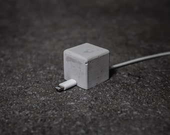 Gray Concrete Cable Organizer, Minimalist Cement Cord Holder, Functional Concrete Cube for Desk Decor or Nightstand Charger Cable Keeper