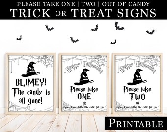 Trick or Treat Sign Wizard Witch Printable Halloween Candy Sign, Neem alsjeblieft een teken, geen snoep, neem alsjeblieft twee Halloween Candy Bowl Sign