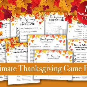 Könnte beinhalten: Eine Sammlung von Spielen zum Thema Thanksgiving, darunter ein Kreuzworträtsel, ein Wortsuchspiel und ein Würfelspiel. Das Paket zeigt bunte Herbstblätter und den Text "Ultimate Thanksgiving Game Pack" und "10 Thanksgiving Games".