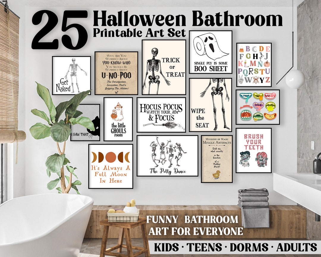 Halloween Bathroom Printable Wall Art Set of 25 Kids Halloween Etsy